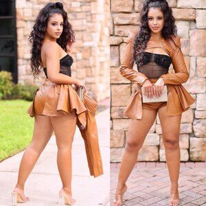 Jilli Two Piece Faux Leather Crop Jacket And Short Set - Camel